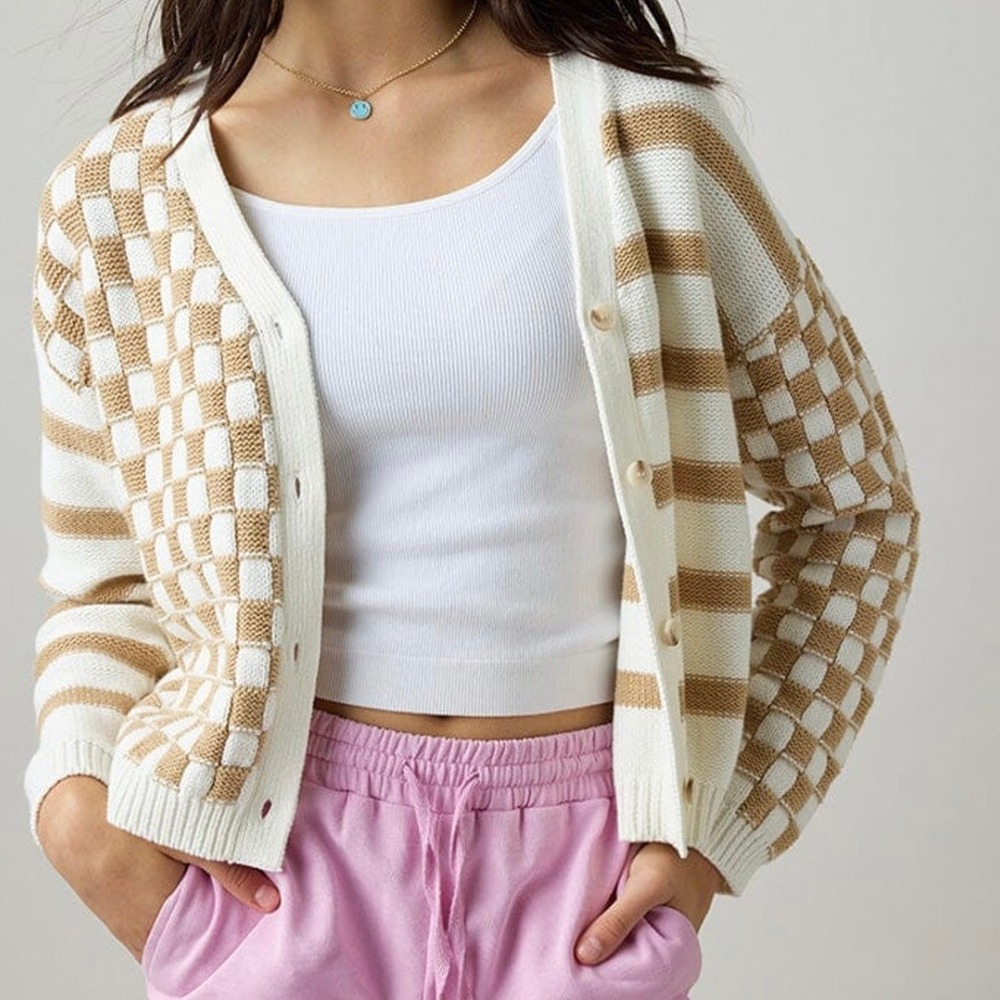 Sincerely Jules Womens Brown Cream Checkered‎ Stripped Button Down Cardigan - XL